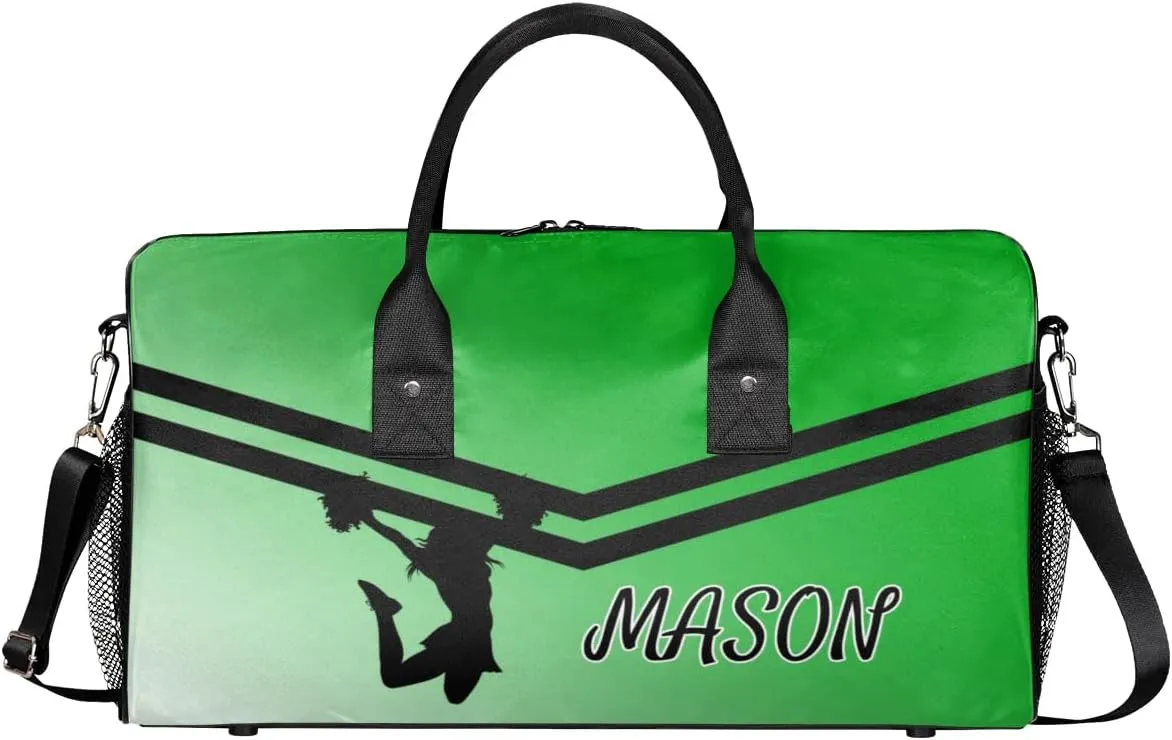 Personalized Cheerleader Cheer Bag for Women, Sport Duffel Bag with Name Customized Travel Overnight Weekender Bags, Grass Green Gradient Cheerleader Silhouette