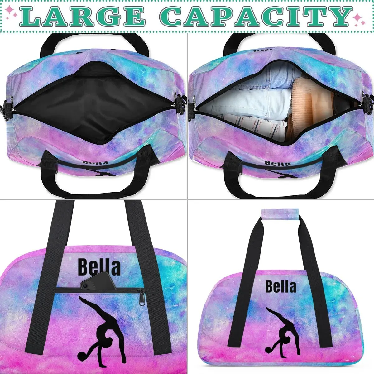 Personalized Dance Bag Gym Bag for Girl,Custom Sport Duffel Bag Weekender Bags Travel Duffel Bag Gymnastics (Multicolor 16), Option 28