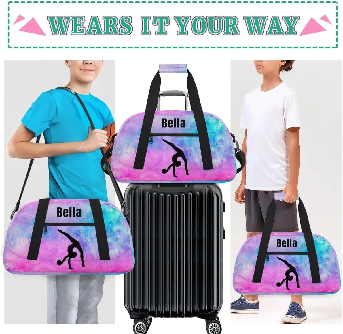Personalized Dance Bag Gym Bag for Girl,Custom Sport Duffel Bag Weekender Bags Travel Duffel Bag Gymnastics (Multicolor 16), Option 28