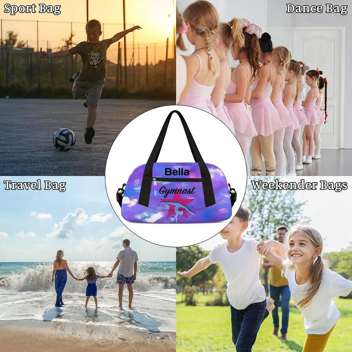 Personalized Dance Bag Gym Bag for Girls, Custom Sports Duffel Bag for Kids, Weekender Bags Travel Duffle Bag, Blue Purple Gymnastics
