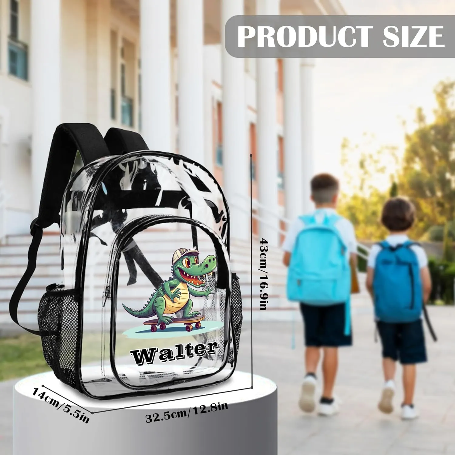 Personalized Dinosaur Clear Backpack with Name, Custom Clear Bookbag for Boys Girls, PVC Transparent Waterproof Backpack with Reinforced Strap & Large Capacity, Back to School Gifts for Kids