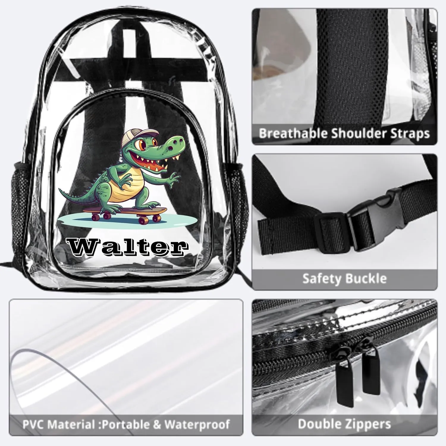 Personalized Dinosaur Clear Backpack with Name, Custom Clear Bookbag for Boys Girls, PVC Transparent Waterproof Backpack with Reinforced Strap & Large Capacity, Back to School Gifts for Kids