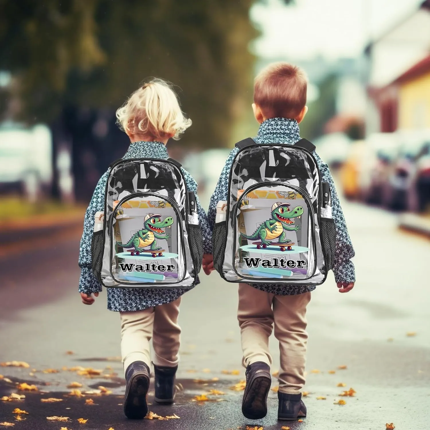 Personalized Dinosaur Clear Backpack with Name, Custom Clear Bookbag for Boys Girls, PVC Transparent Waterproof Backpack with Reinforced Strap & Large Capacity, Back to School Gifts for Kids