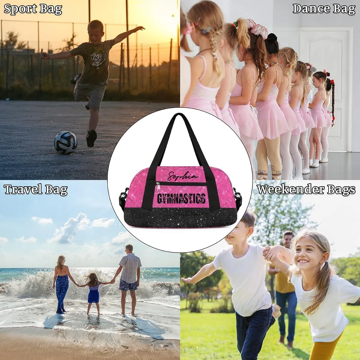 Personalized Gymnastics Pink Black Background Duffel Bag for Girl, Custom Sport Duffel Bag, Customize Travel Duffle Bag with Name, Gifts For Children