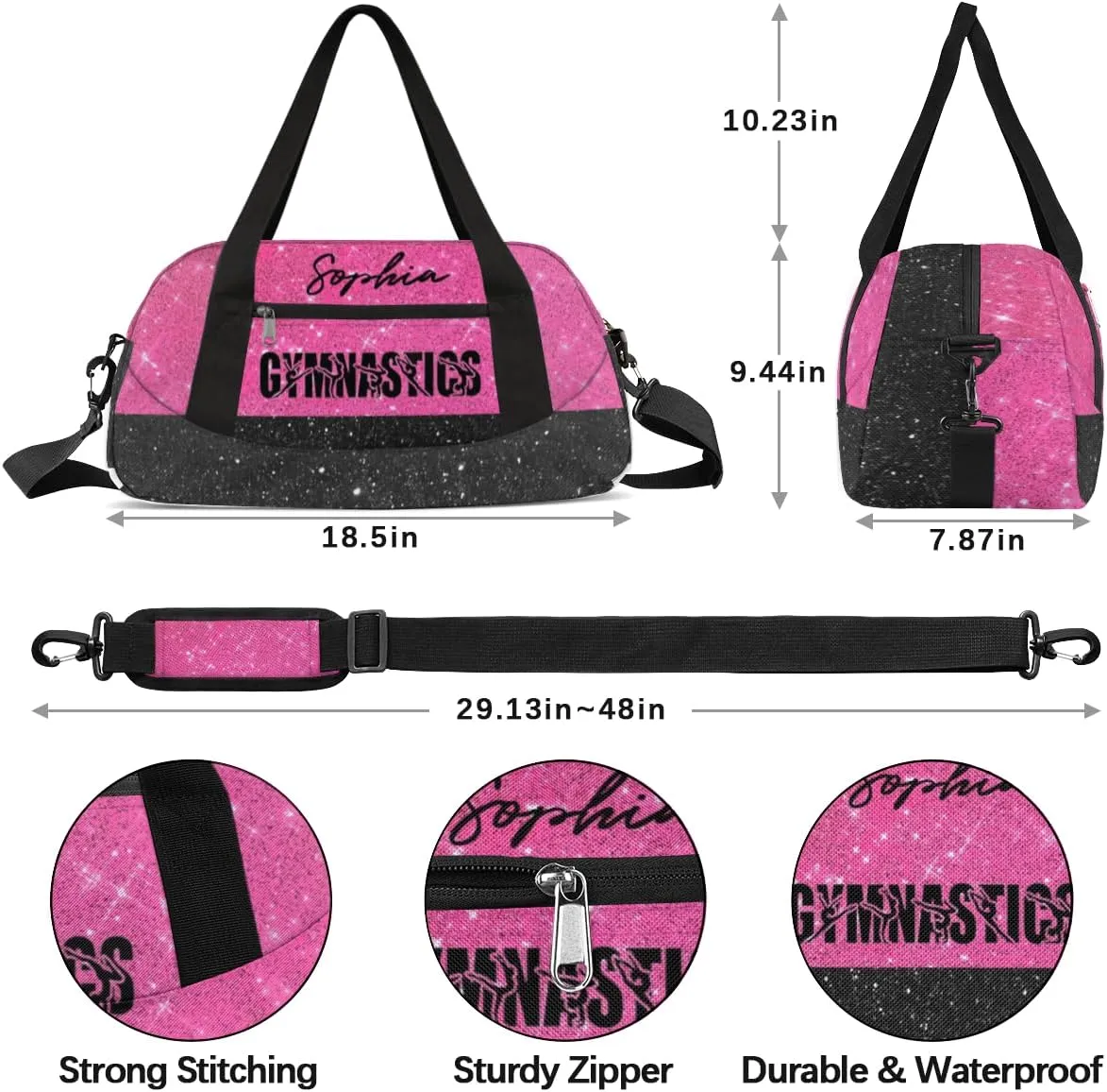 Personalized Gymnastics Pink Black Background Duffel Bag for Girl, Custom Sport Duffel Bag, Customize Travel Duffle Bag with Name, Gifts For Children