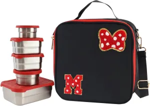 Personalized Initial Letters Lunch Bag With Bento Box, 5 Pcs Stainless Steels Bento Boxs, Thermo Leak-Proof Lunchs Food Container For Kid Toddler Girls Boys To School Picnic (Black, M)