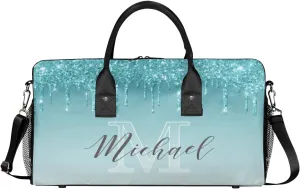 Personalized Initial Travel Duffel Bag with Name, Custom Gym Bag Sport Bag Weekender Overnight Bag for Women Men, Blue Drops