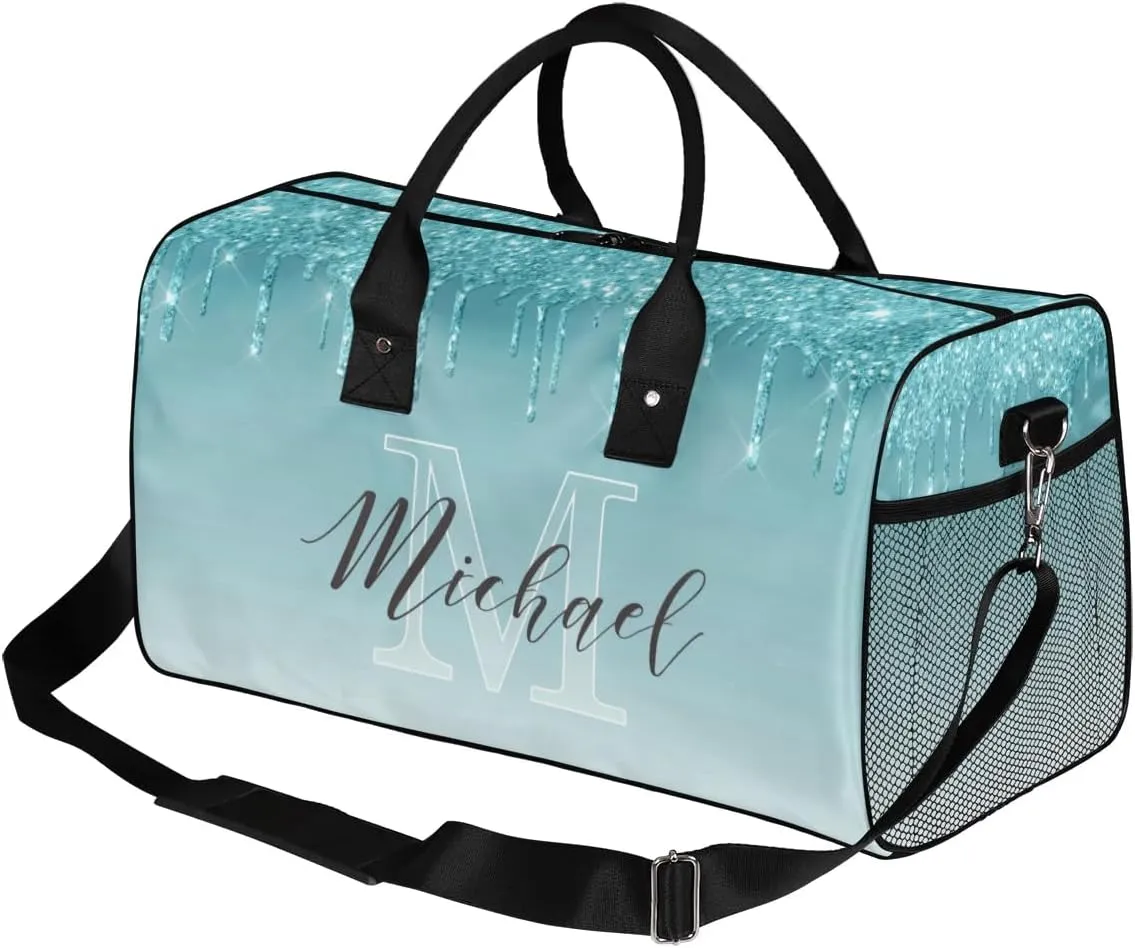 Personalized Initial Travel Duffel Bag with Name, Custom Gym Bag Sport Bag Weekender Overnight Bag for Women Men, Blue Drops