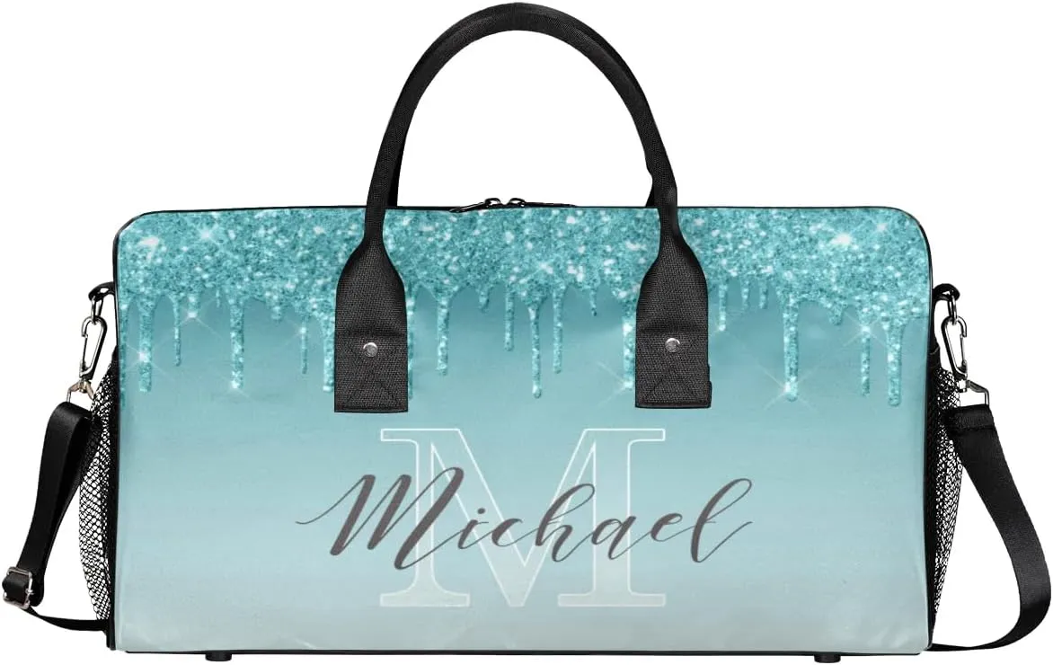 Personalized Initial Travel Duffel Bag with Name, Custom Gym Bag Sport Bag Weekender Overnight Bag for Women Men, Blue Drops