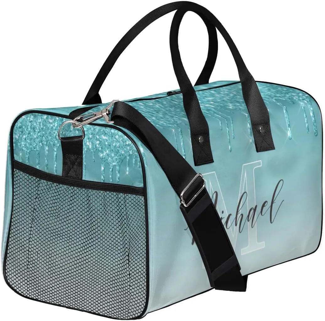 Personalized Initial Travel Duffel Bag with Name, Custom Gym Bag Sport Bag Weekender Overnight Bag for Women Men, Blue Drops