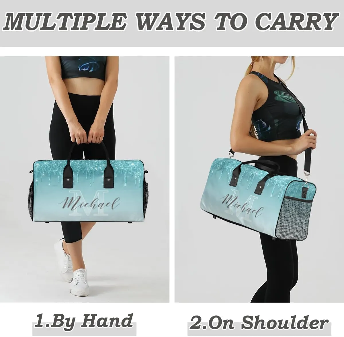 Personalized Initial Travel Duffel Bag with Name, Custom Gym Bag Sport Bag Weekender Overnight Bag for Women Men, Blue Drops