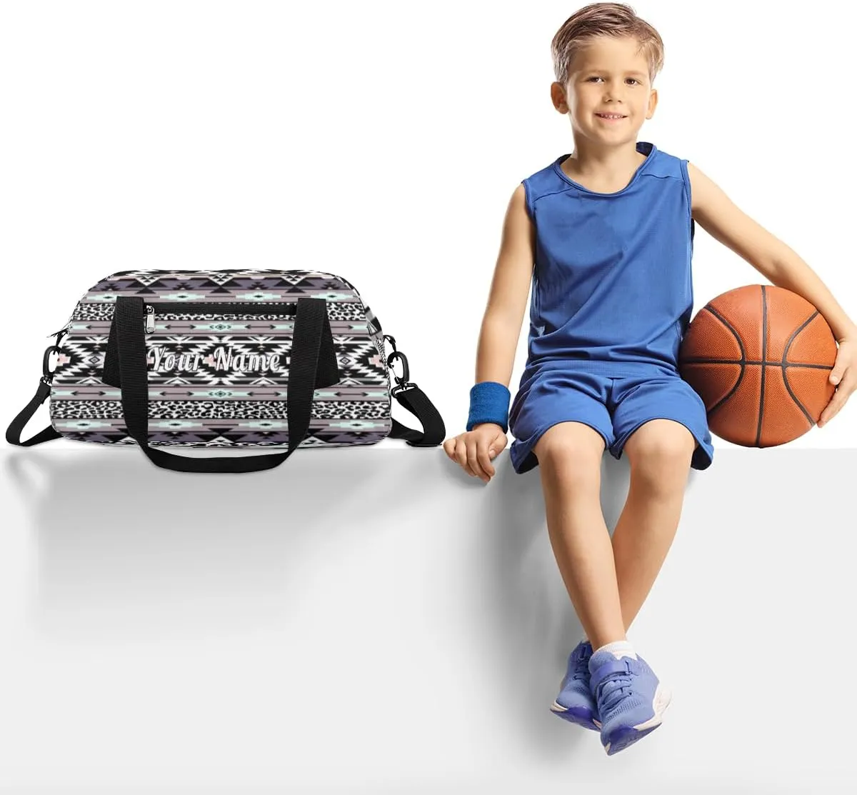 Personalized Kids Duffel Bag Abstract Aztec Leopard Navajo,Custom Sport Gym Bag for Boys Girls,WWeekender Overnight Bags Travel Duffel Bag,Customized Kids Gift