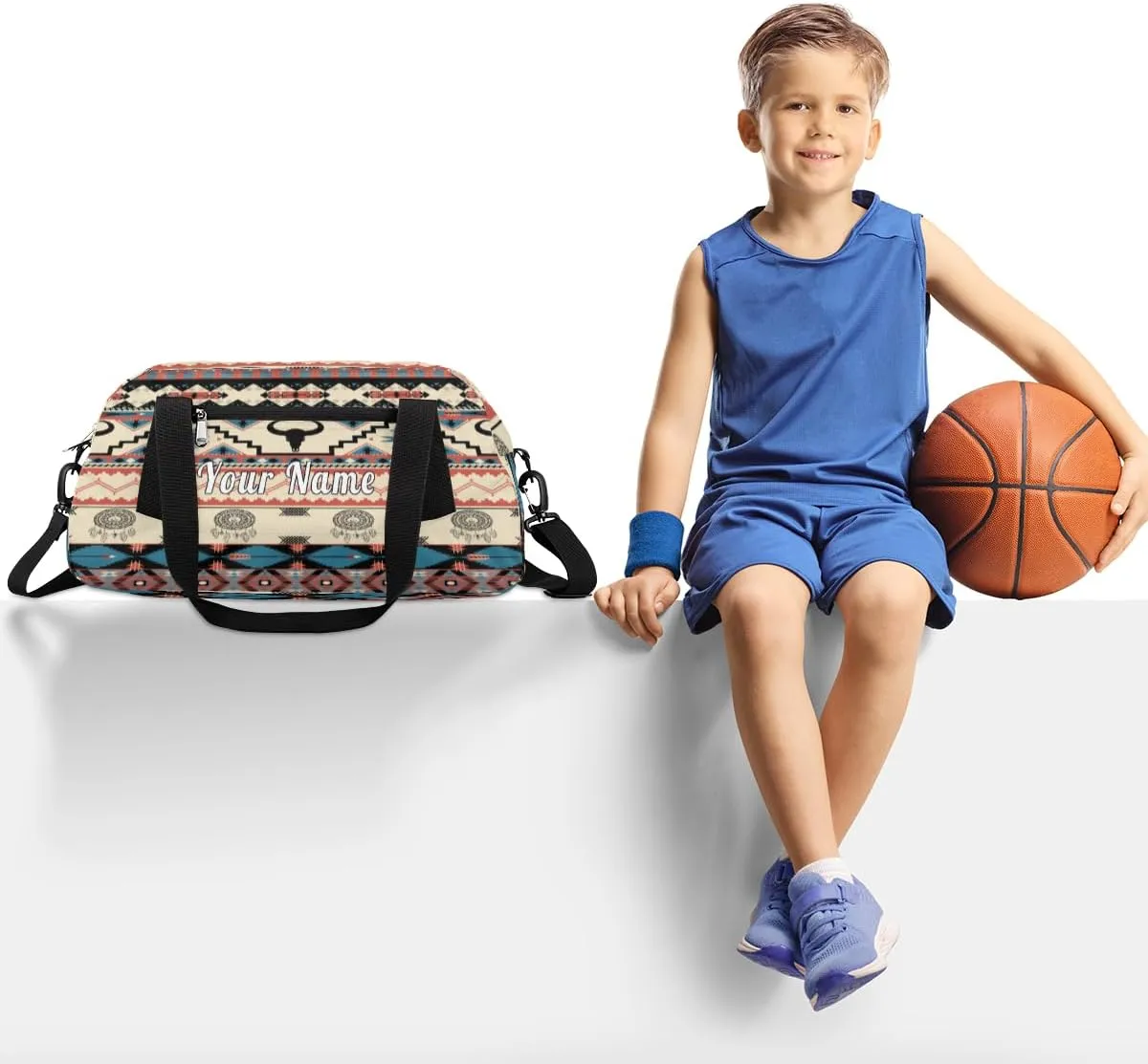 Personalized Kids Duffel Bag African Bull Cow Aztec,Custom Sport Gym Bag for Boys Girls,WWeekender Overnight Bags Travel Duffel Bag,Customized Kids Gift