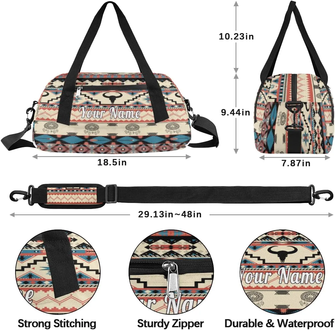 Personalized Kids Duffel Bag African Bull Cow Aztec,Custom Sport Gym Bag for Boys Girls,WWeekender Overnight Bags Travel Duffel Bag,Customized Kids Gift