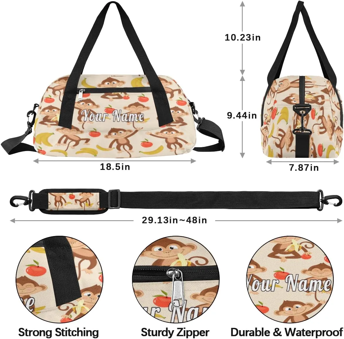 Personalized Kids Duffel Bag Animal Monkey Banana,Custom Sport Gym Bag for Boys Girls,WWeekender Overnight Bags Travel Duffel Bag,Customized Kids Gift