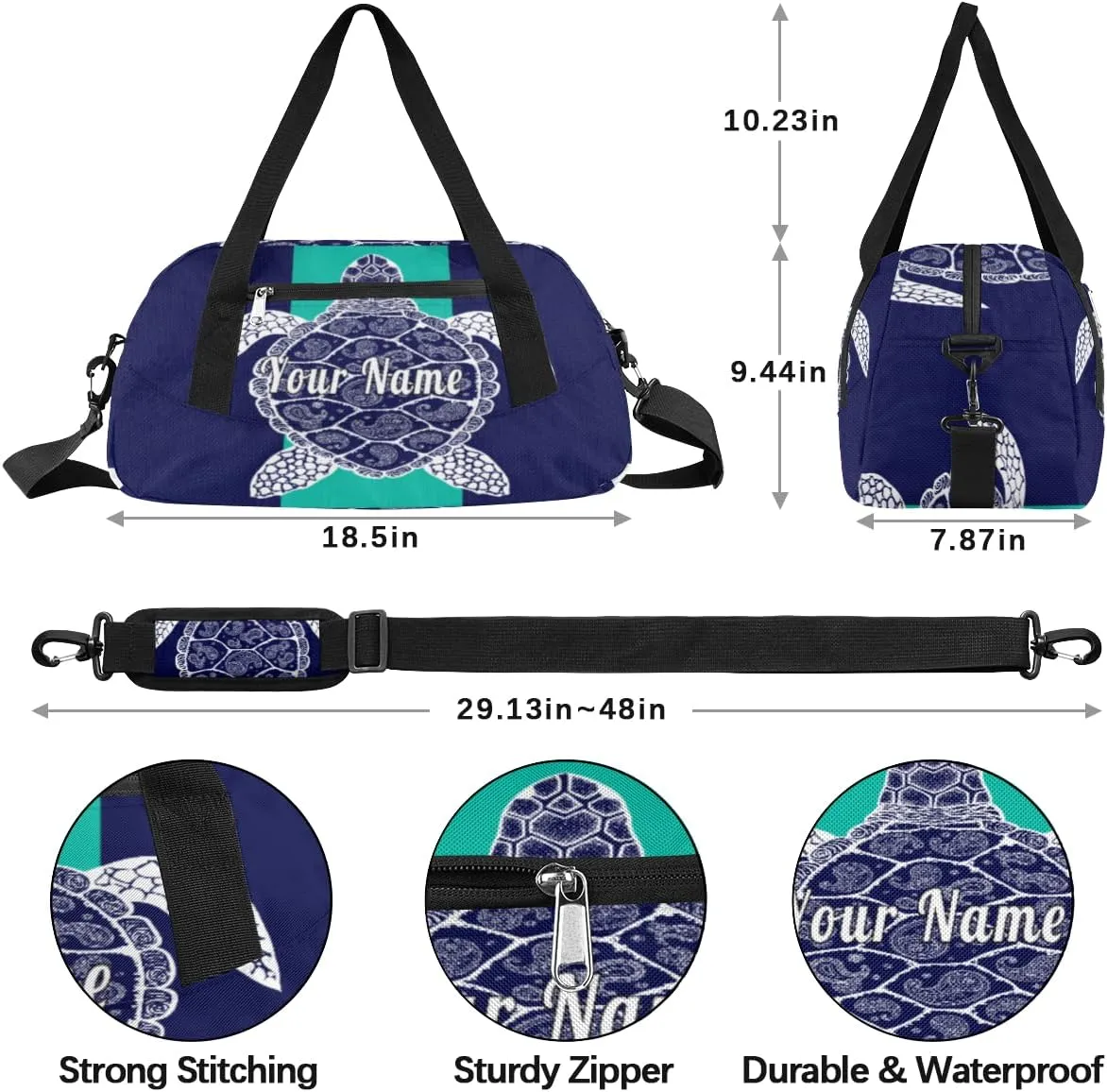 Personalized Kids Duffel Bag Animal Turtle Turquoise Art,Custom Sport Gym Bag for Boys Girls,WWeekender Overnight Bags Travel Duffel Bag,Customized Kids Gift