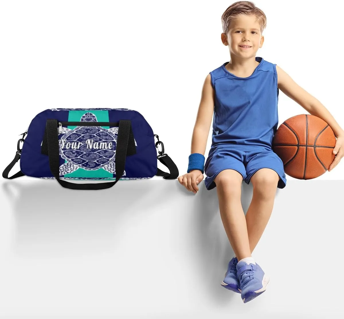 Personalized Kids Duffel Bag Animal Turtle Turquoise Art,Custom Sport Gym Bag for Boys Girls,WWeekender Overnight Bags Travel Duffel Bag,Customized Kids Gift