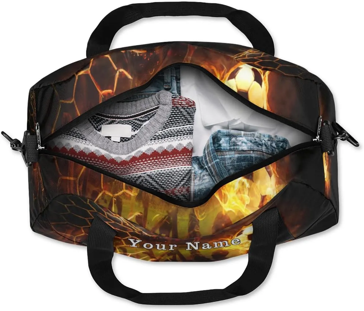 Personalized Kids Duffel Bag Art Painting Fire Soccer,Custom Sport Gym Bag for Boys Girls,WWeekender Overnight Bags Travel Duffel Bag,Customized Kids Gift
