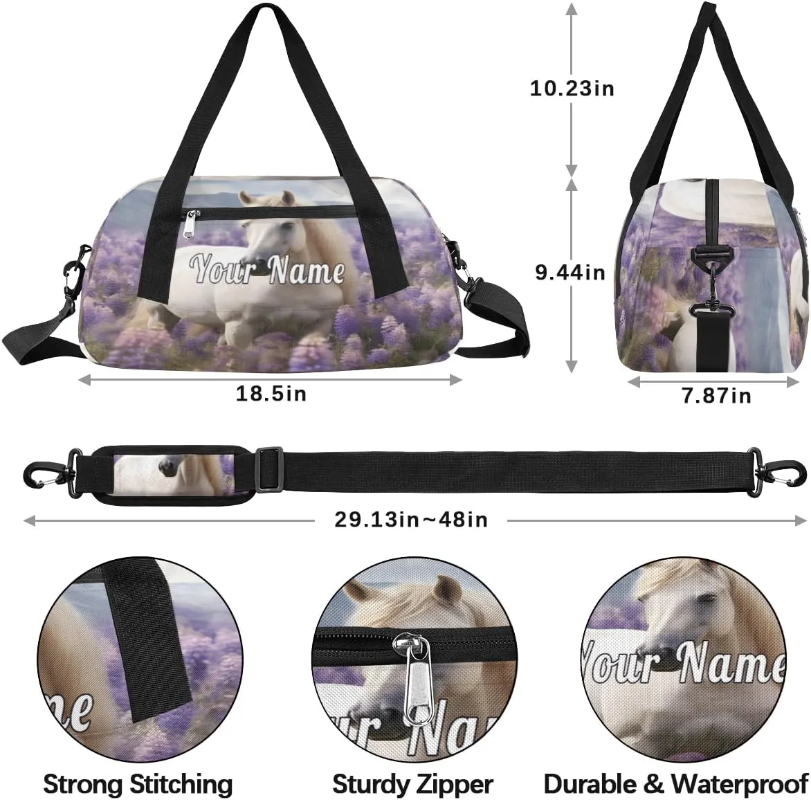 Personalized Kids Duffel Bag Art Painting Lavender White Horse,Custom Sport Gym Bag for Boys Girls,WWeekender Overnight Bags Travel Duffel Bag,Customized Kids Gift
