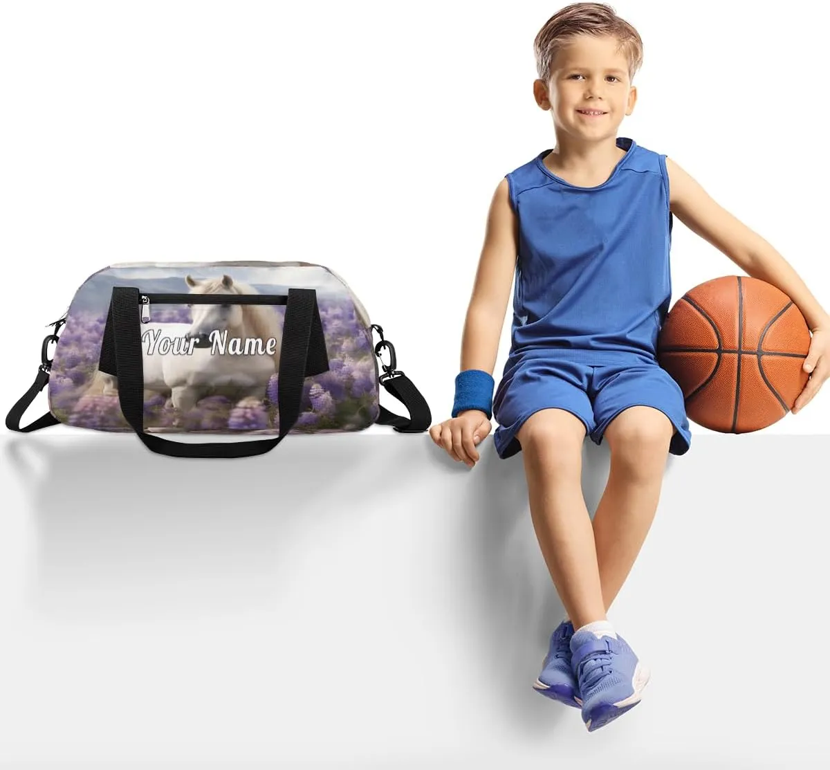 Personalized Kids Duffel Bag Art Painting Lavender White Horse,Custom Sport Gym Bag for Boys Girls,WWeekender Overnight Bags Travel Duffel Bag,Customized Kids Gift
