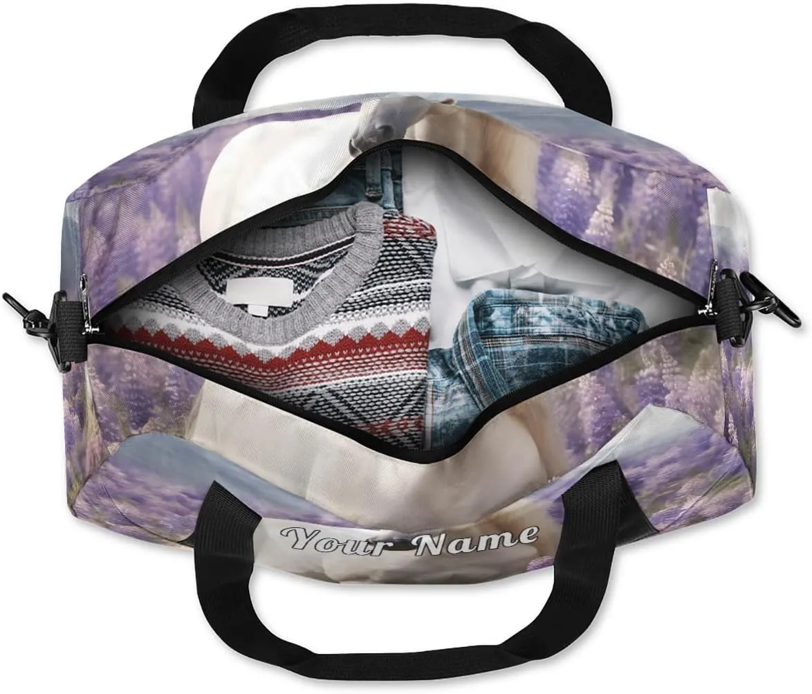 Personalized Kids Duffel Bag Art Painting Lavender White Horse,Custom Sport Gym Bag for Boys Girls,WWeekender Overnight Bags Travel Duffel Bag,Customized Kids Gift