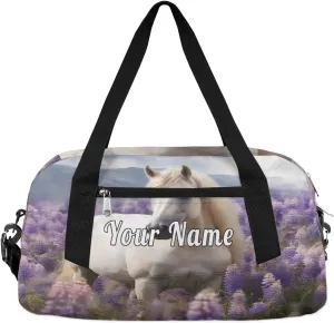 Personalized Kids Duffel Bag Art Painting Lavender White Horse,Custom Sport Gym Bag for Boys Girls,WWeekender Overnight Bags Travel Duffel Bag,Customized Kids Gift