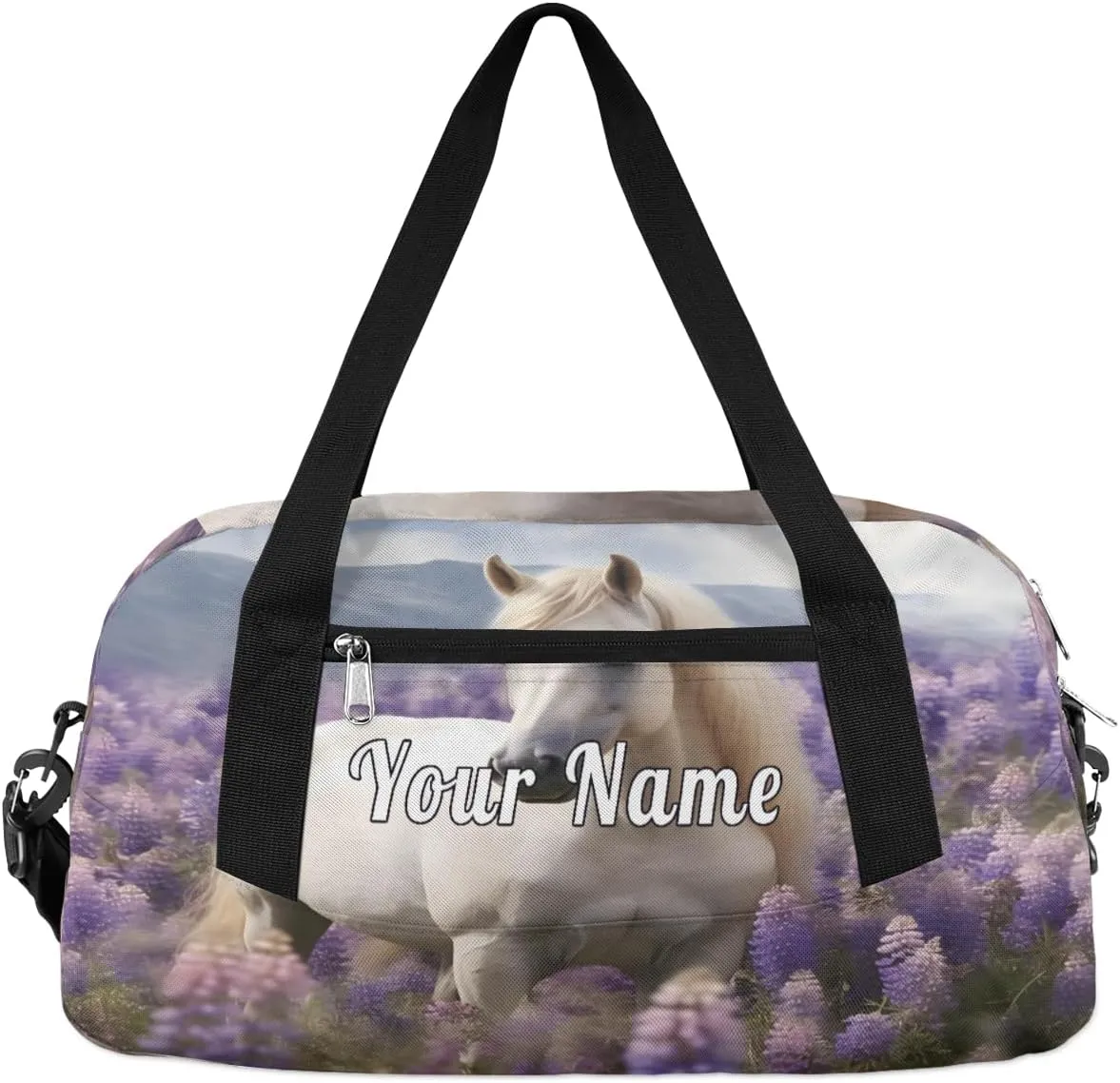Personalized Kids Duffel Bag Art Painting Lavender White Horse,Custom Sport Gym Bag for Boys Girls,WWeekender Overnight Bags Travel Duffel Bag,Customized Kids Gift