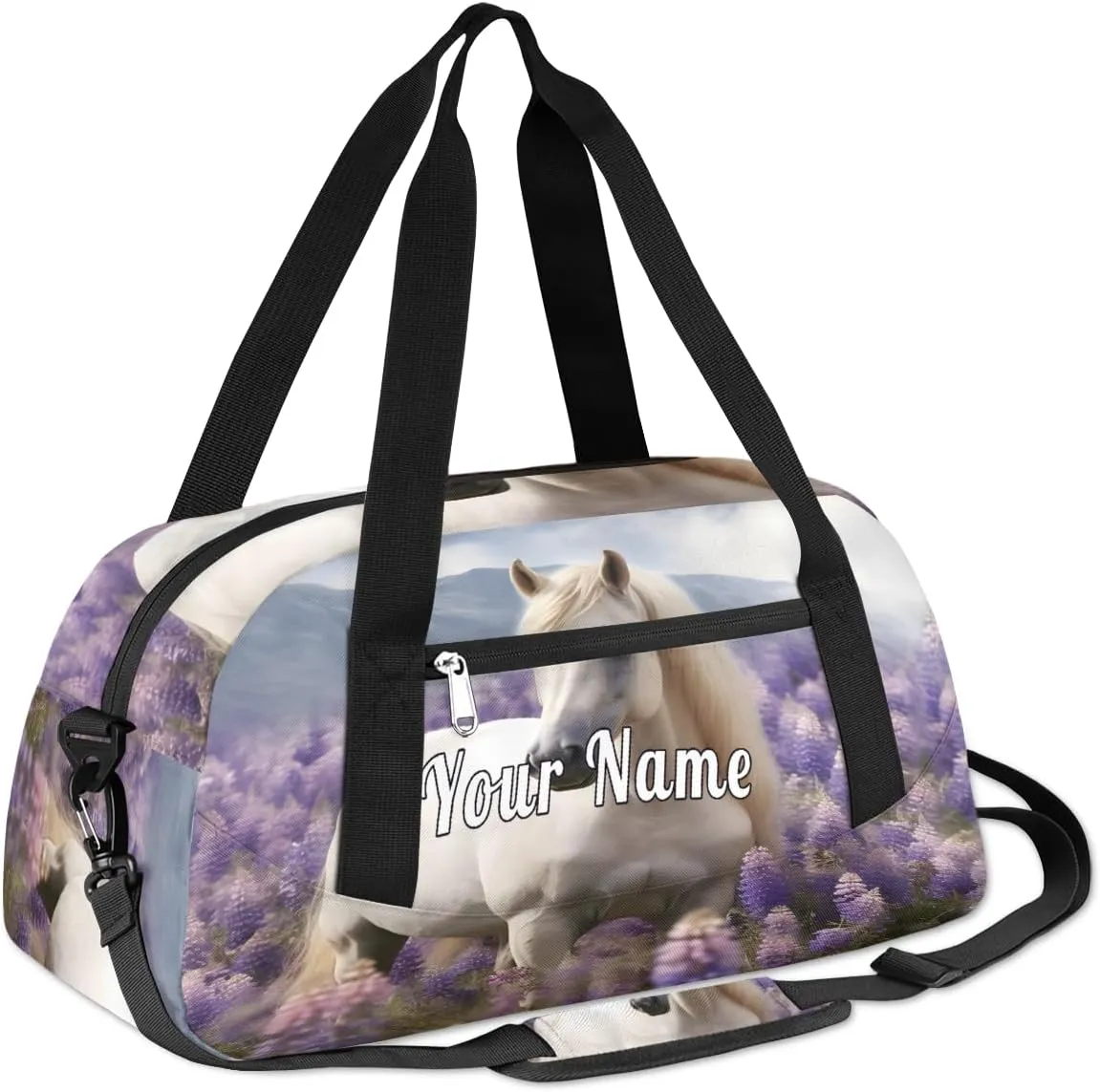 Personalized Kids Duffel Bag Art Painting Lavender White Horse,Custom Sport Gym Bag for Boys Girls,WWeekender Overnight Bags Travel Duffel Bag,Customized Kids Gift