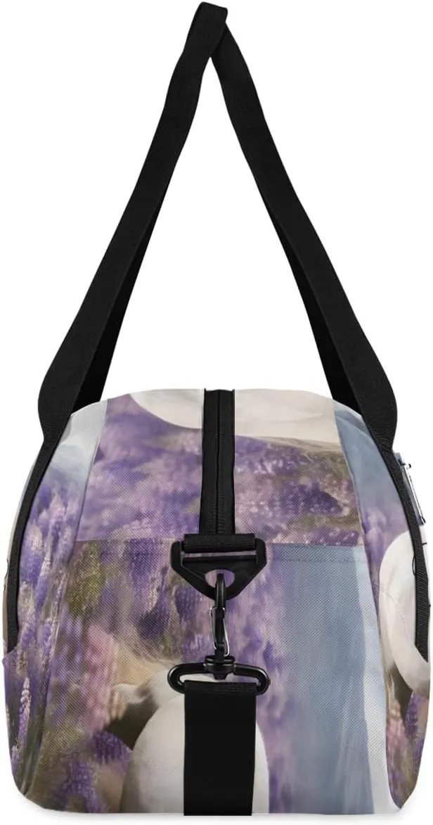 Personalized Kids Duffel Bag Art Painting Lavender White Horse,Custom Sport Gym Bag for Boys Girls,WWeekender Overnight Bags Travel Duffel Bag,Customized Kids Gift