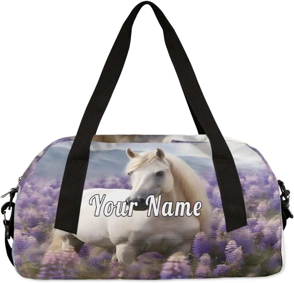 Personalized Kids Duffel Bag Art Painting Lavender White Horse,Custom Sport Gym Bag for Boys Girls,WWeekender Overnight Bags Travel Duffel Bag,Customized Kids Gift