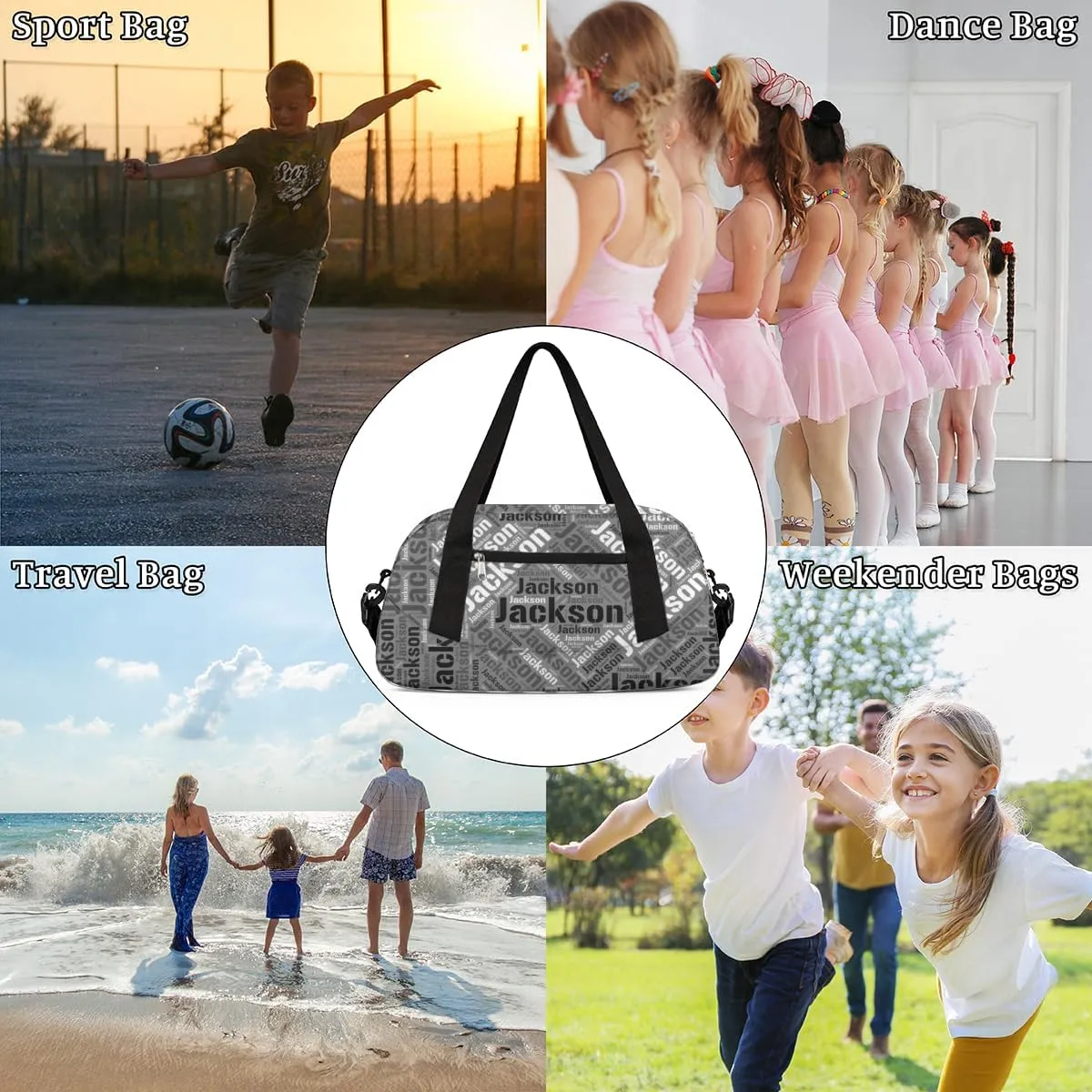 Personalized Kids Duffel Bag, Custom Sport Gym Bag, Dance Bag Weekender Carry On Bags Travel Duffel Bag for Boy & Girl Black Gray