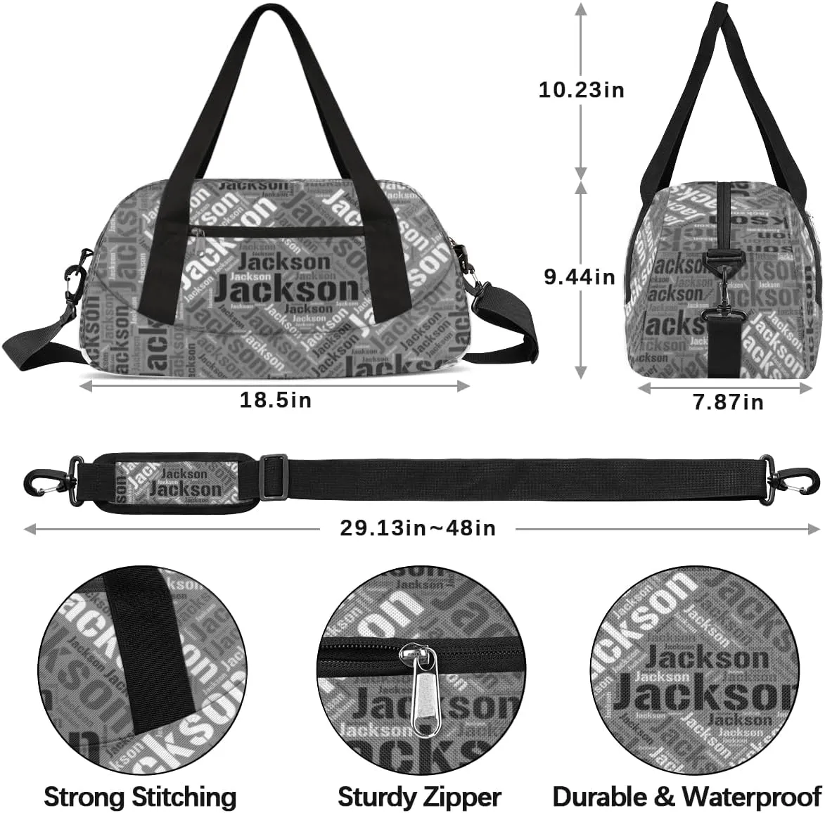 Personalized Kids Duffel Bag, Custom Sport Gym Bag, Dance Bag Weekender Carry On Bags Travel Duffel Bag for Boy & Girl Black Gray