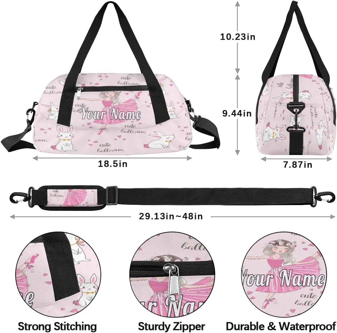 Personalized Kids Duffel Bag Cute Bunny Ballet Dancer,Custom Sport Gym Bag for Boys Girls,WWeekender Overnight Bags Travel Duffel Bag,Customized Kids Gift