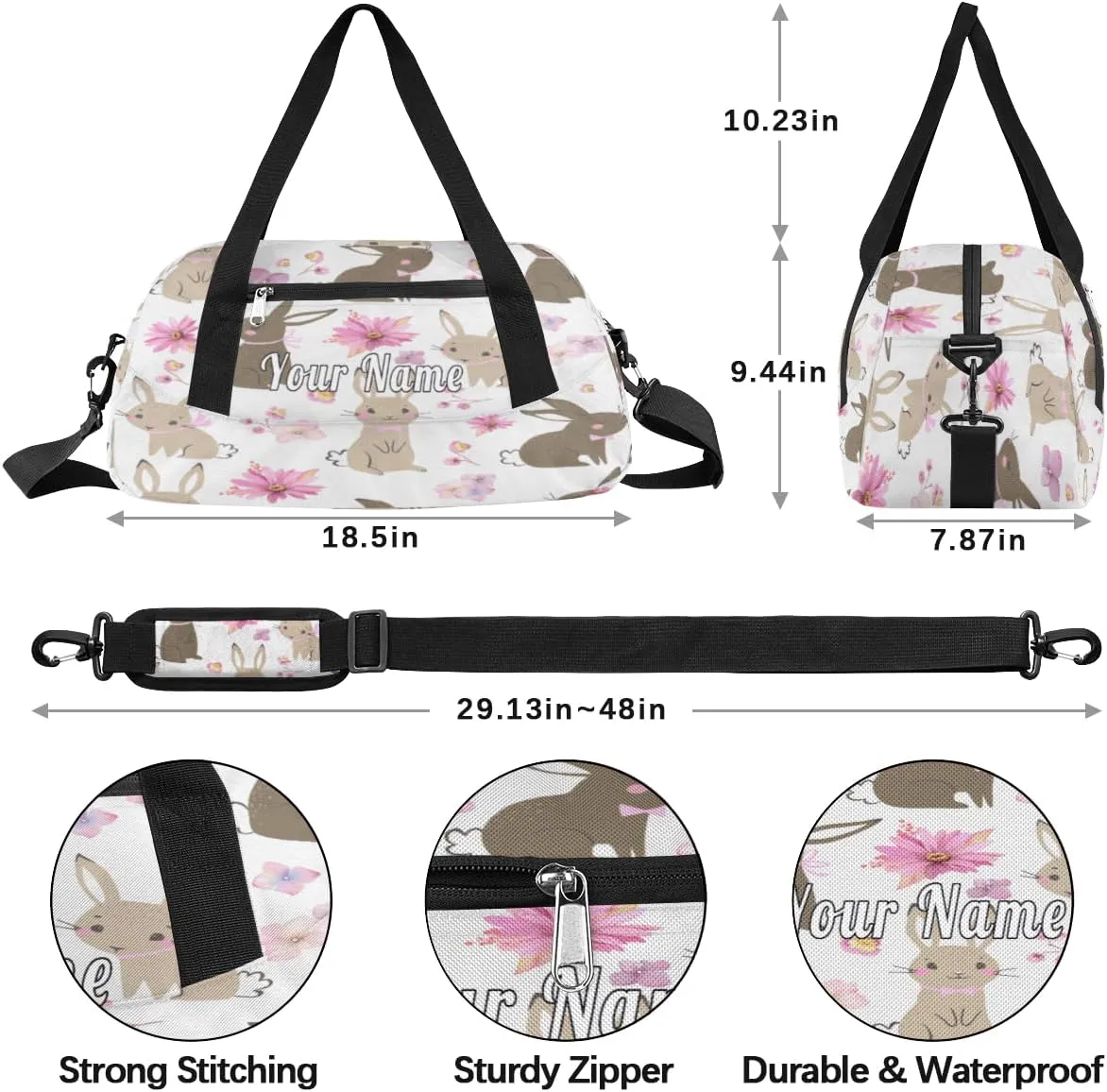 Personalized Kids Duffel Bag Cute Flower Bunny Rabbit,Custom Sport Gym Bag for Boys Girls,WWeekender Overnight Bags Travel Duffel Bag,Customized Kids Gift