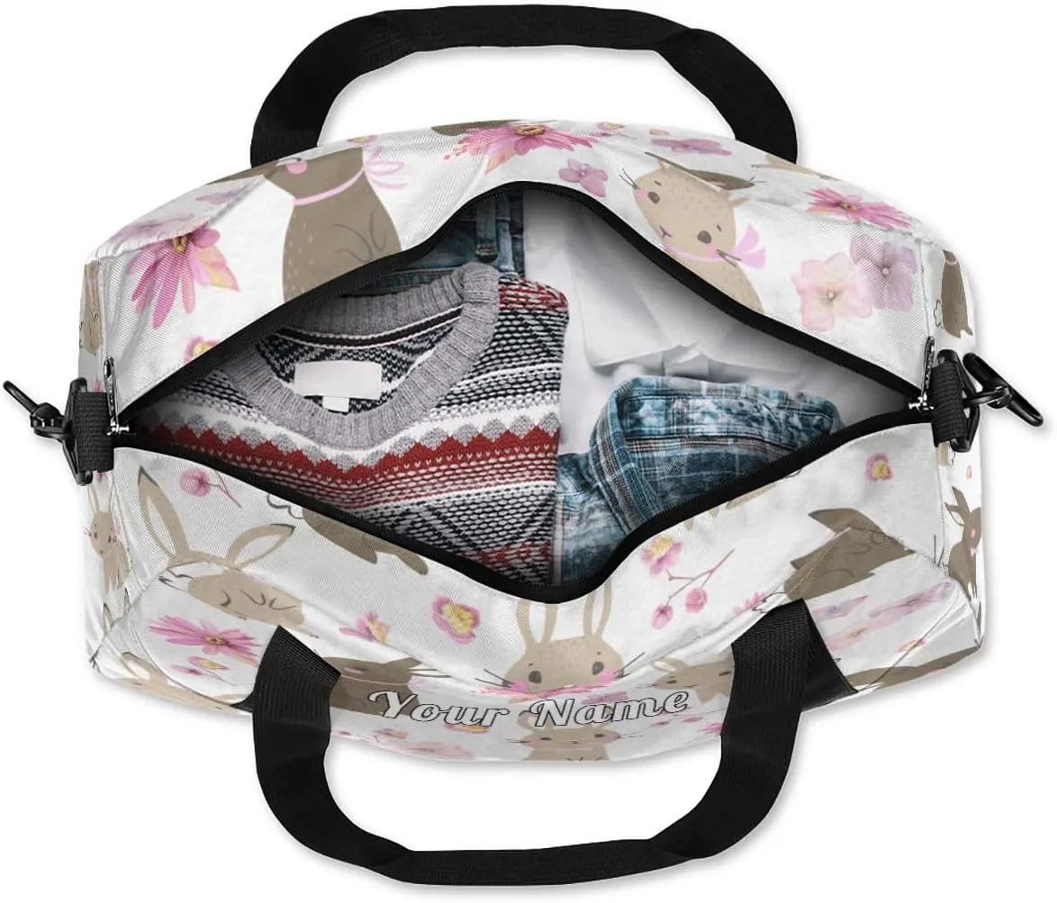 Personalized Kids Duffel Bag Cute Flower Bunny Rabbit,Custom Sport Gym Bag for Boys Girls,WWeekender Overnight Bags Travel Duffel Bag,Customized Kids Gift