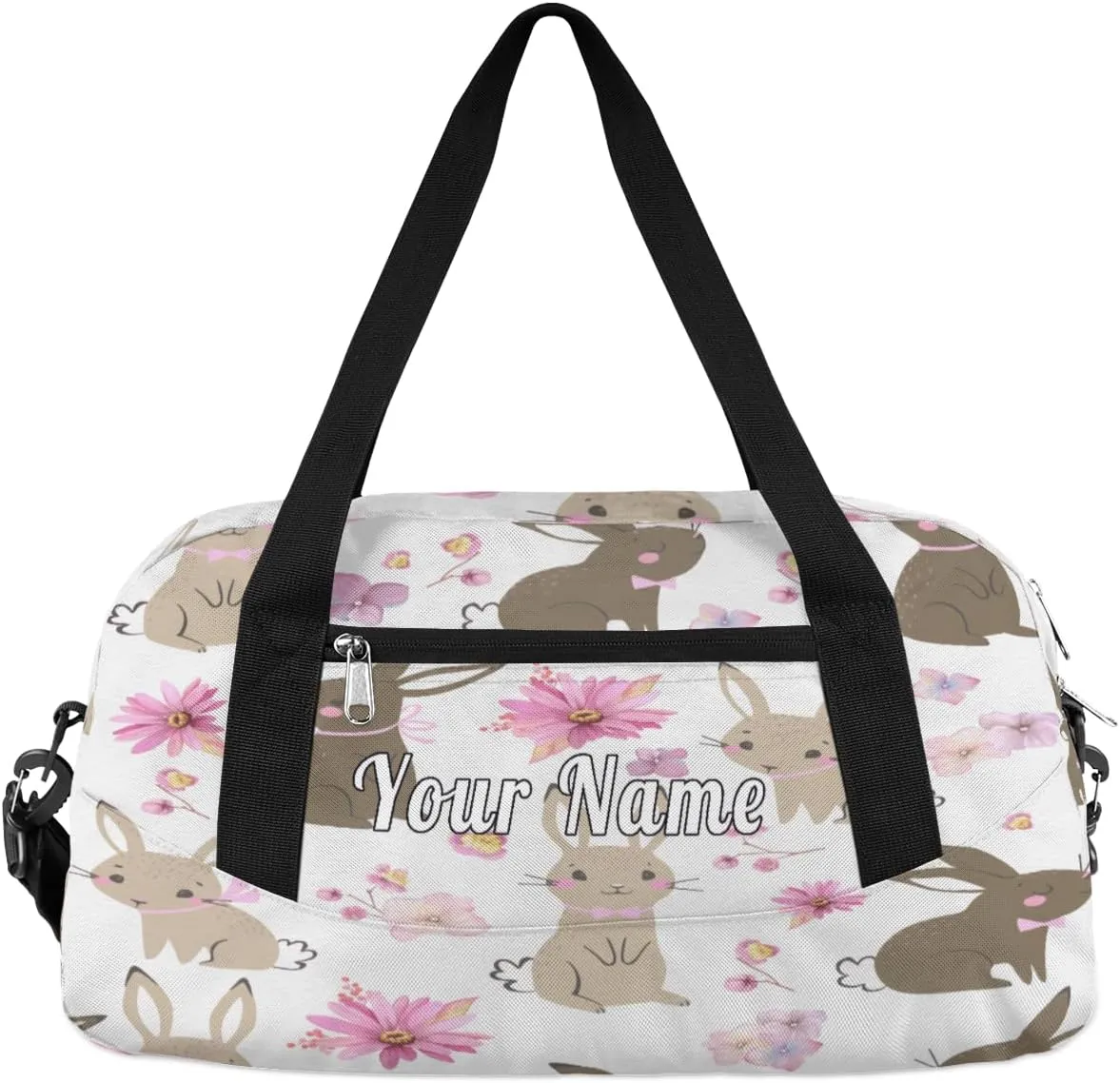 Personalized Kids Duffel Bag Cute Flower Bunny Rabbit,Custom Sport Gym Bag for Boys Girls,WWeekender Overnight Bags Travel Duffel Bag,Customized Kids Gift