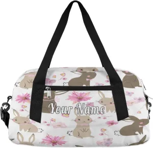 Personalized Kids Duffel Bag Cute Flower Bunny Rabbit,Custom Sport Gym Bag for Boys Girls,WWeekender Overnight Bags Travel Duffel Bag,Customized Kids Gift