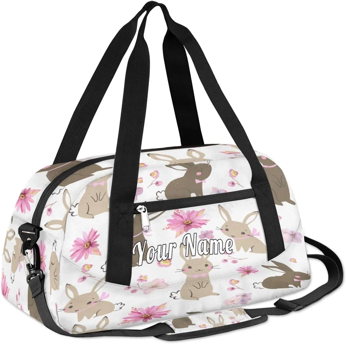 Personalized Kids Duffel Bag Cute Flower Bunny Rabbit,Custom Sport Gym Bag for Boys Girls,WWeekender Overnight Bags Travel Duffel Bag,Customized Kids Gift