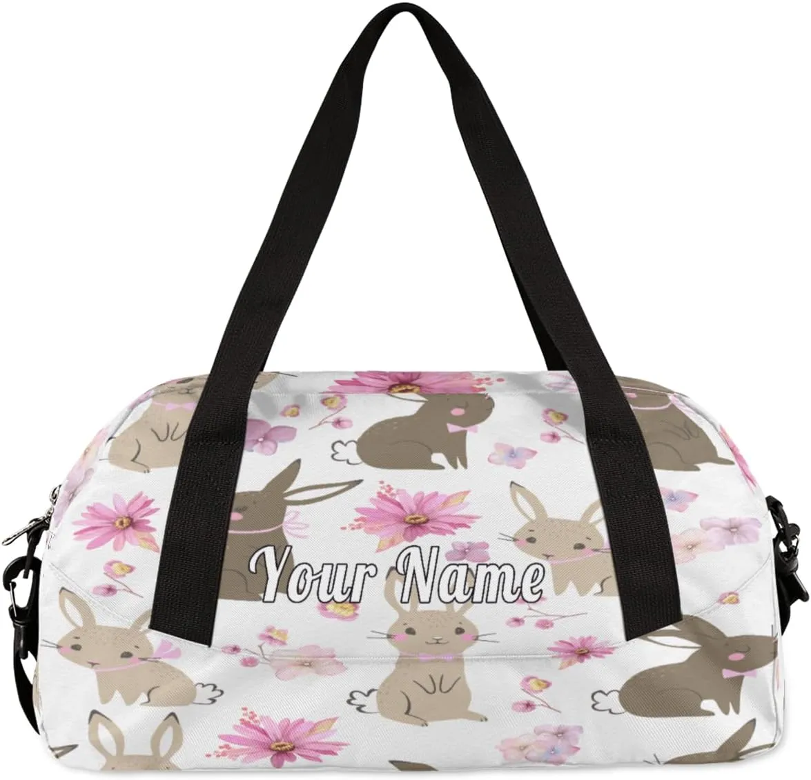 Personalized Kids Duffel Bag Cute Flower Bunny Rabbit,Custom Sport Gym Bag for Boys Girls,WWeekender Overnight Bags Travel Duffel Bag,Customized Kids Gift