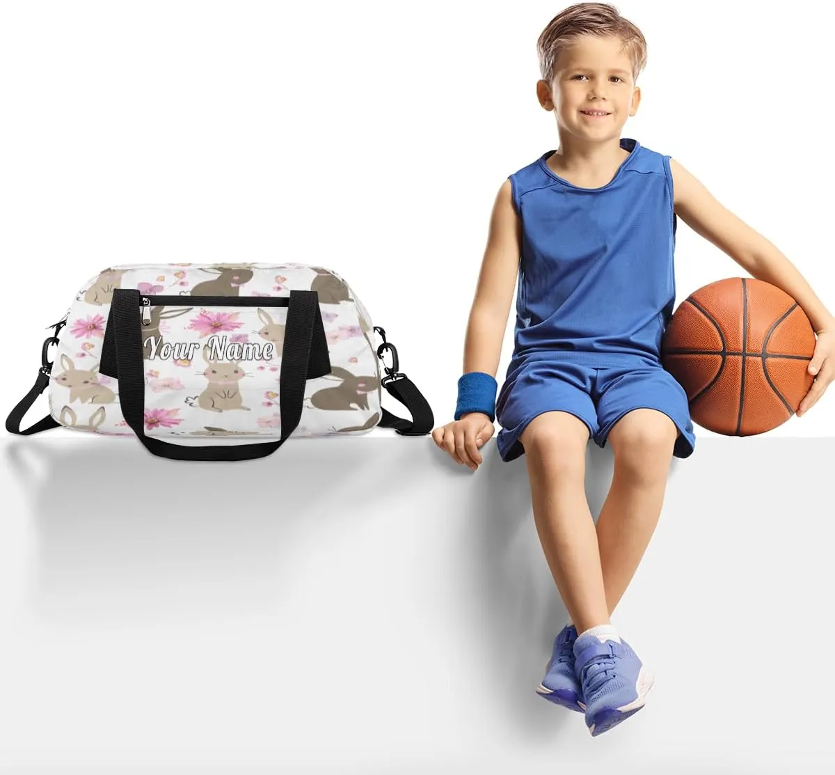 Personalized Kids Duffel Bag Cute Flower Bunny Rabbit,Custom Sport Gym Bag for Boys Girls,WWeekender Overnight Bags Travel Duffel Bag,Customized Kids Gift