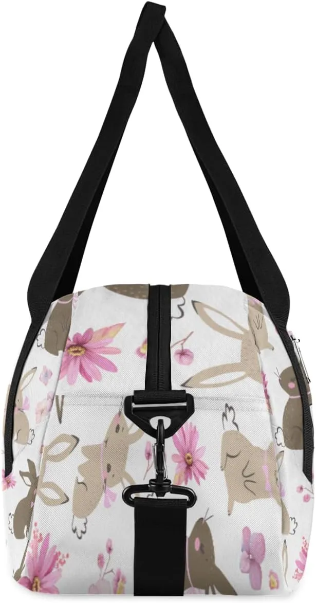 Personalized Kids Duffel Bag Cute Flower Bunny Rabbit,Custom Sport Gym Bag for Boys Girls,WWeekender Overnight Bags Travel Duffel Bag,Customized Kids Gift