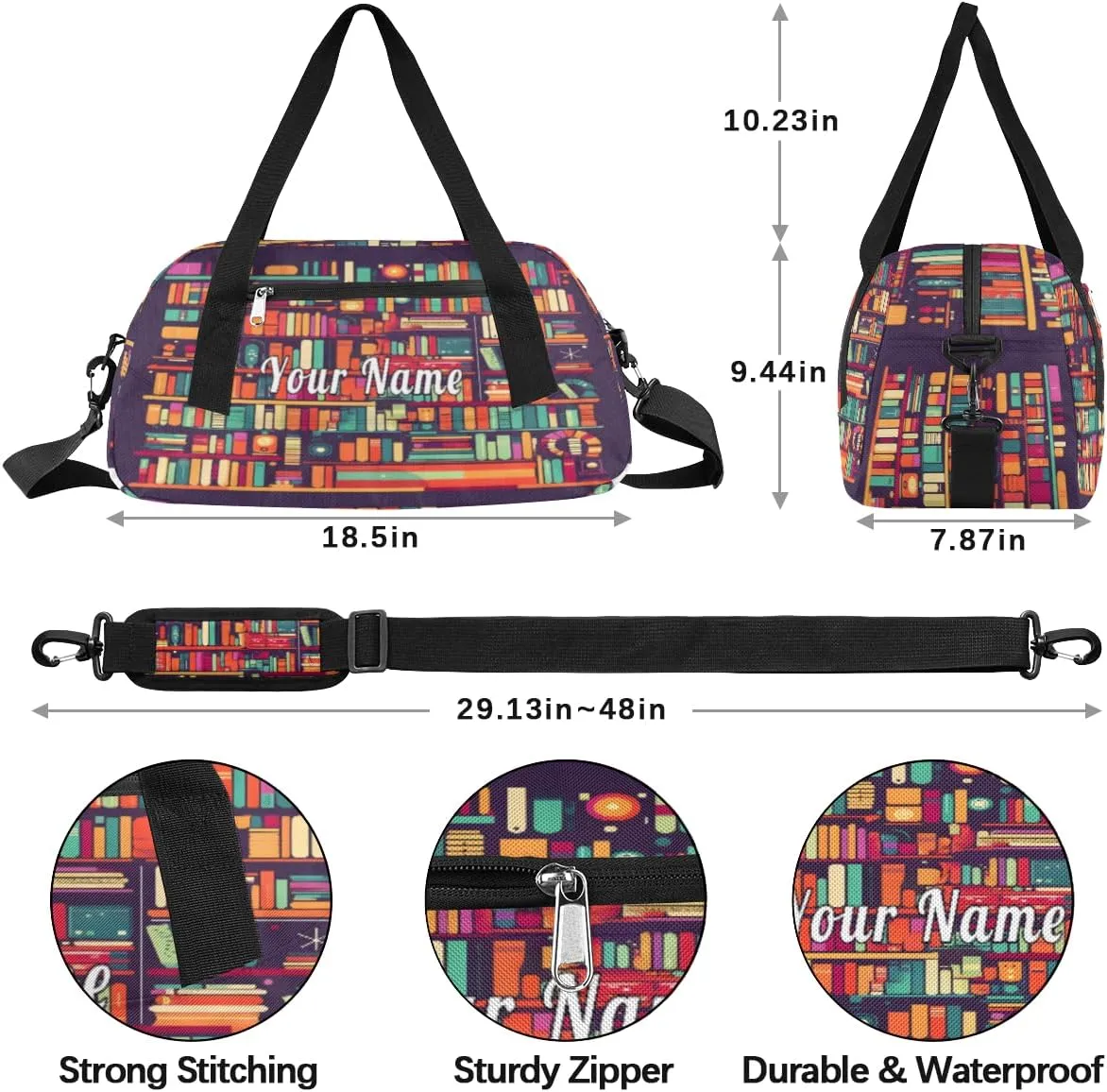 Personalized Kids Duffel Bag Education Bookshelf Book,Custom Sport Gym Bag for Boys Girls,WWeekender Overnight Bags Travel Duffel Bag,Customized Kids Gift