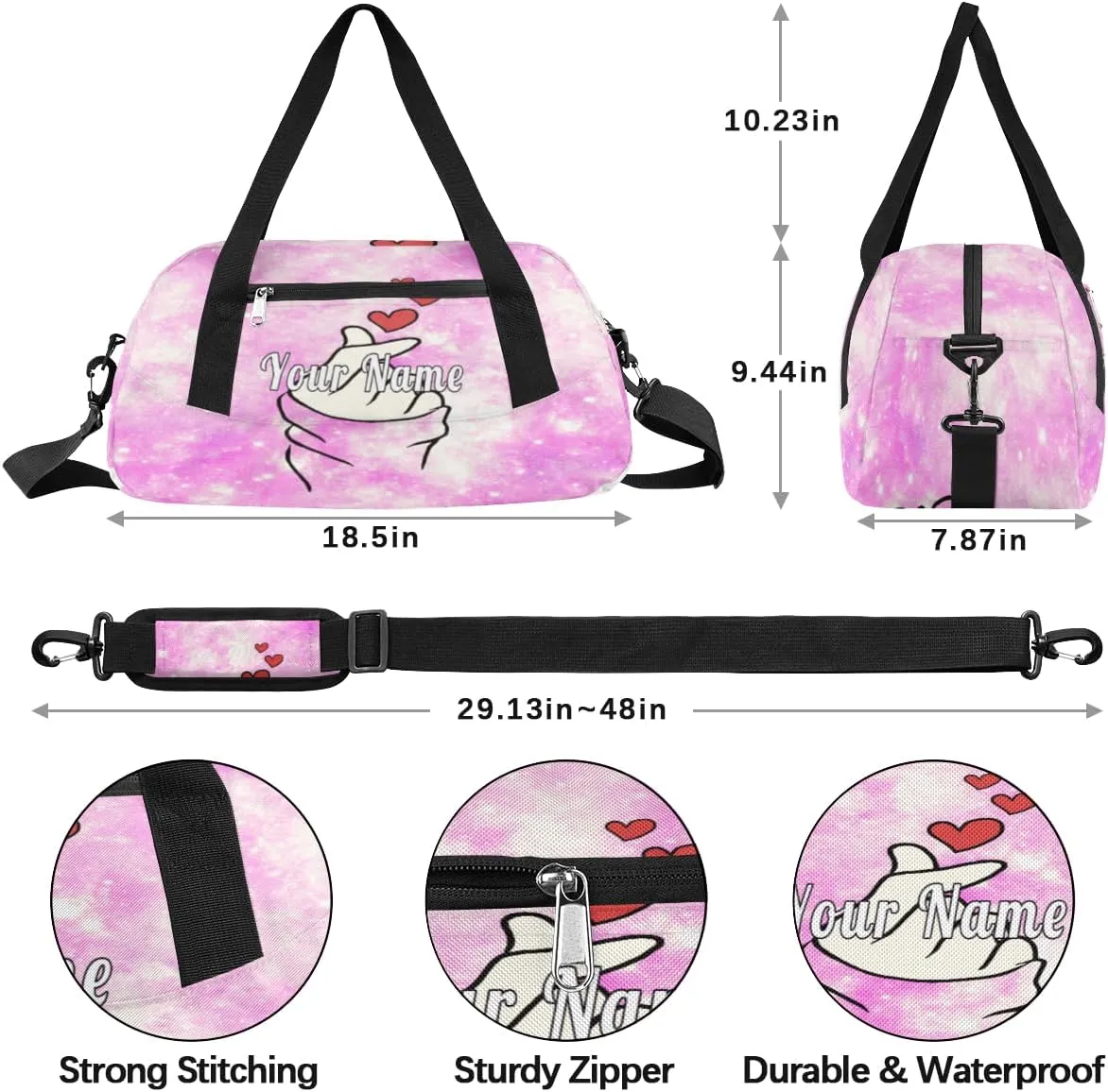 Personalized Kids Duffel Bag Glitter Funny Finger Love Heart,Custom Sport Gym Bag for Boys Girls,WWeekender Overnight Bags Travel Duffel Bag,Customized Kids Gift