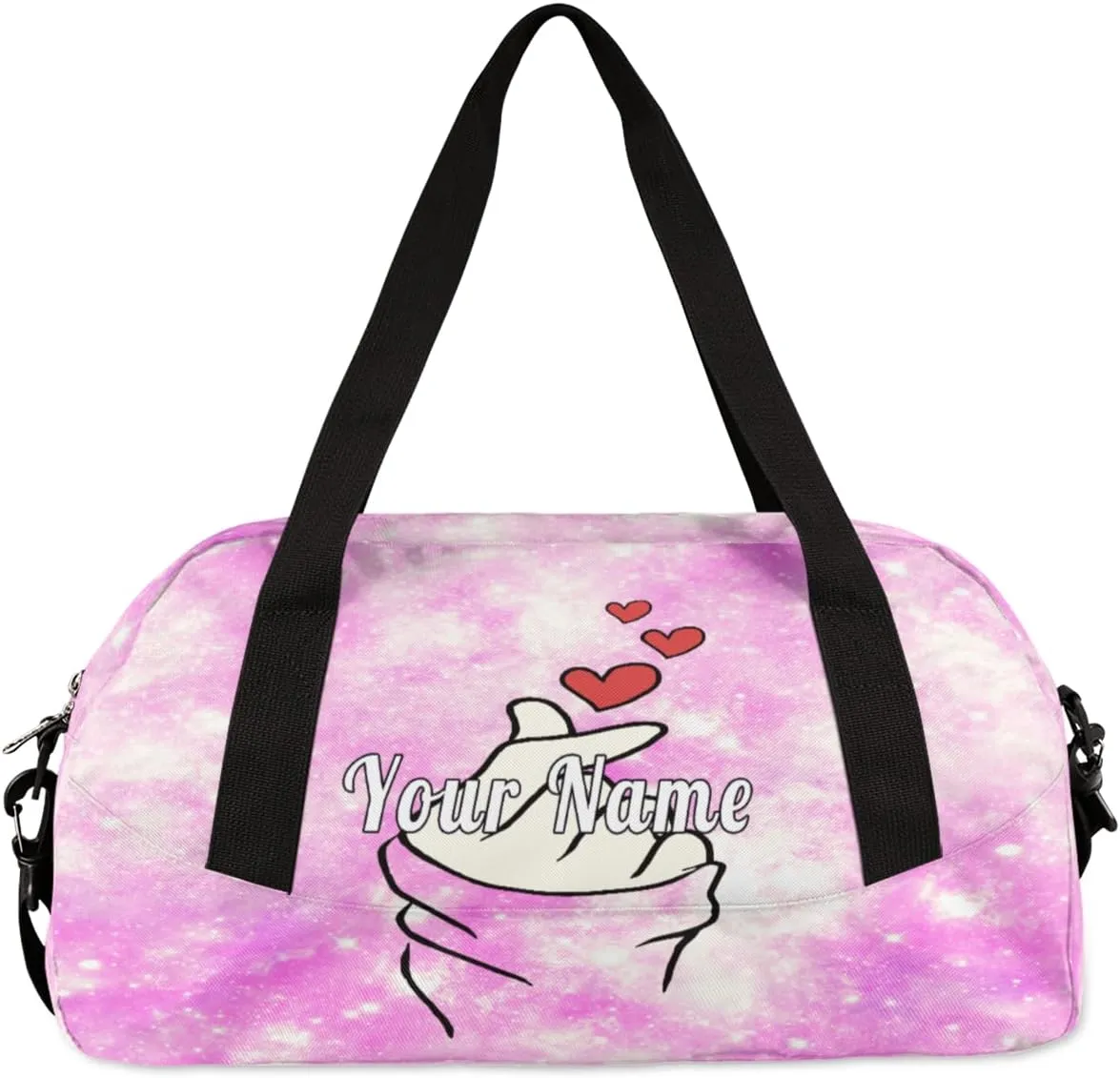 Personalized Kids Duffel Bag Glitter Funny Finger Love Heart,Custom Sport Gym Bag for Boys Girls,WWeekender Overnight Bags Travel Duffel Bag,Customized Kids Gift