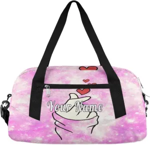 Personalized Kids Duffel Bag Glitter Funny Finger Love Heart,Custom Sport Gym Bag for Boys Girls,WWeekender Overnight Bags Travel Duffel Bag,Customized Kids Gift