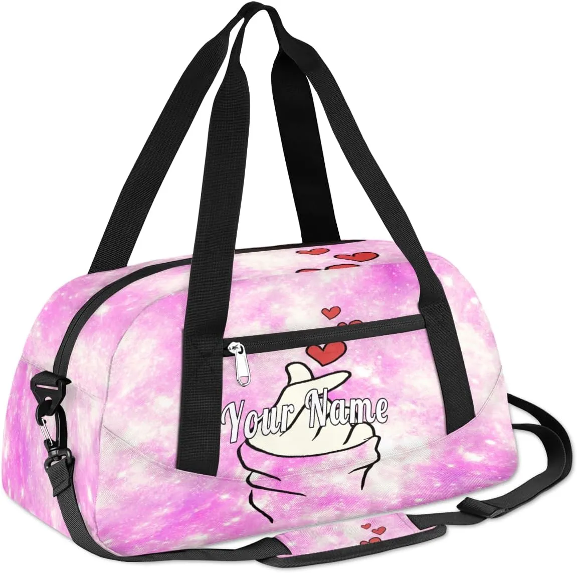 Personalized Kids Duffel Bag Glitter Funny Finger Love Heart,Custom Sport Gym Bag for Boys Girls,WWeekender Overnight Bags Travel Duffel Bag,Customized Kids Gift