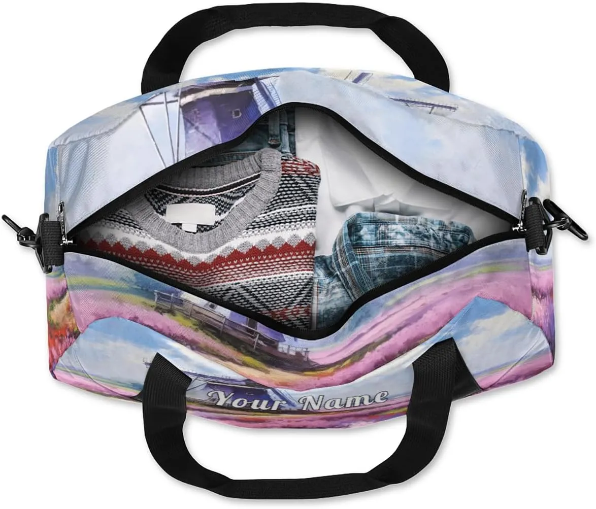 Personalized Kids Duffel Bag Lavender Flower Field Windmill,Custom Sport Gym Bag for Boys Girls,WWeekender Overnight Bags Travel Duffel Bag,Customized Kids Gift