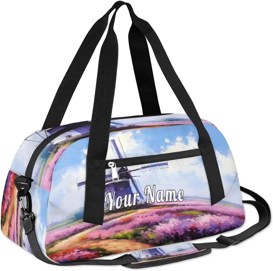 Personalized Kids Duffel Bag Lavender Flower Field Windmill,Custom Sport Gym Bag for Boys Girls,WWeekender Overnight Bags Travel Duffel Bag,Customized Kids Gift