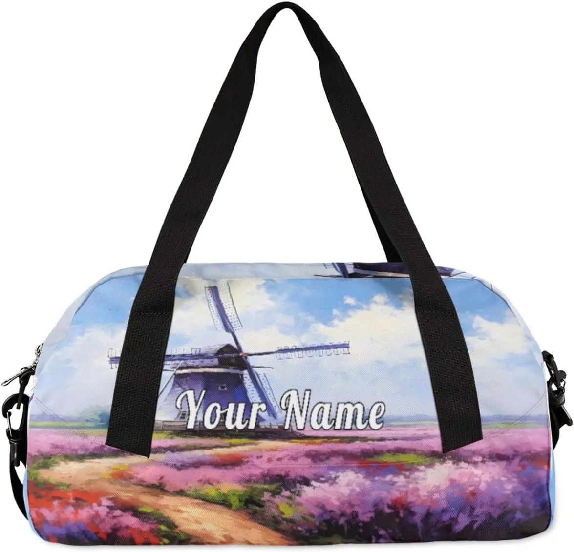 Personalized Kids Duffel Bag Lavender Flower Field Windmill,Custom Sport Gym Bag for Boys Girls,WWeekender Overnight Bags Travel Duffel Bag,Customized Kids Gift