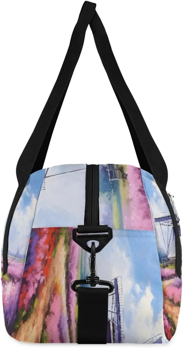 Personalized Kids Duffel Bag Lavender Flower Field Windmill,Custom Sport Gym Bag for Boys Girls,WWeekender Overnight Bags Travel Duffel Bag,Customized Kids Gift